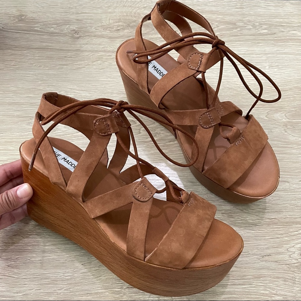 Steve Madden 8 Sevona Tan Leather Platform Wedge Lace Up Sandal